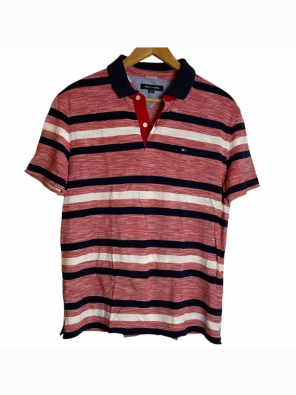 Tommy Hilfiger Polo Red White Black Stripes Cotton Golf Shirt Large L Preppy